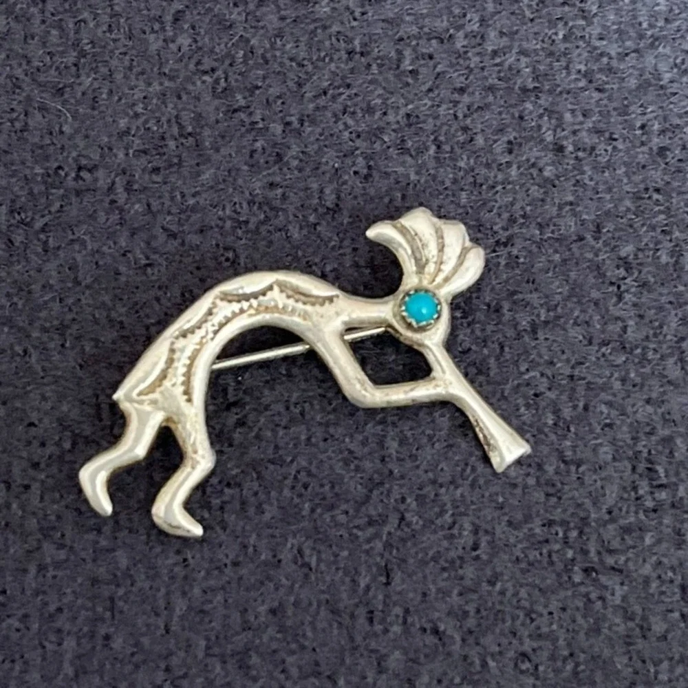 Vintage Unmarked Silver‎ Kokopelli Turquoise Pin Brooch Southwestern